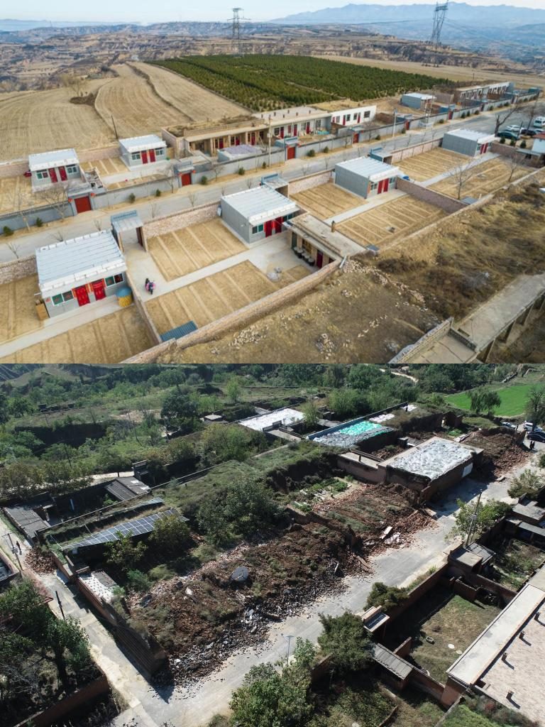 拼版照片，上圖是2022年1月山西省霍州市師莊鄉(xiāng)馮南垣村災(zāi)后恢復(fù)重建后的場景，下圖是2021年10月村莊因災(zāi)受損的場景。(霍州市委宣傳部供圖)