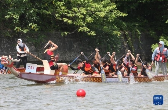 6月23日，在江蘇省宜興市舉行的龍舟競渡賽中，參賽選手們奮力拼搏。