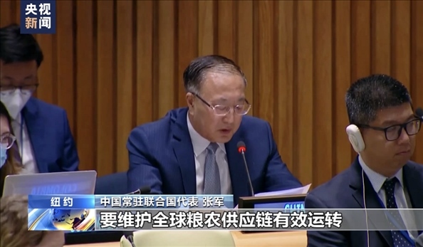 △2022年7月，第76屆聯(lián)合國大會舉行高級別特別會議。“全球發(fā)展倡議之友小組”就糧食安全問題闡述小組成員共同立場。