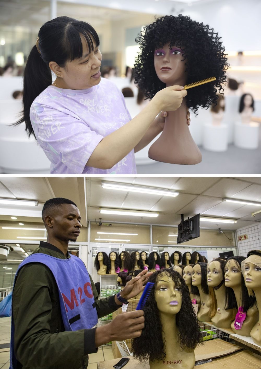 拼版照片：上圖為2023年5月25日，工人在湖南邵陽陽光發(fā)品有限公司展廳展示假發(fā)（新華社記者薛宇舸攝）；下圖為2023年6月9日，一名店員在湖南邵陽陽光發(fā)品有限公司位于南非約翰內(nèi)斯堡的店鋪內(nèi)展示假發(fā)（新華社記者張譽東攝）。新華社發(fā)