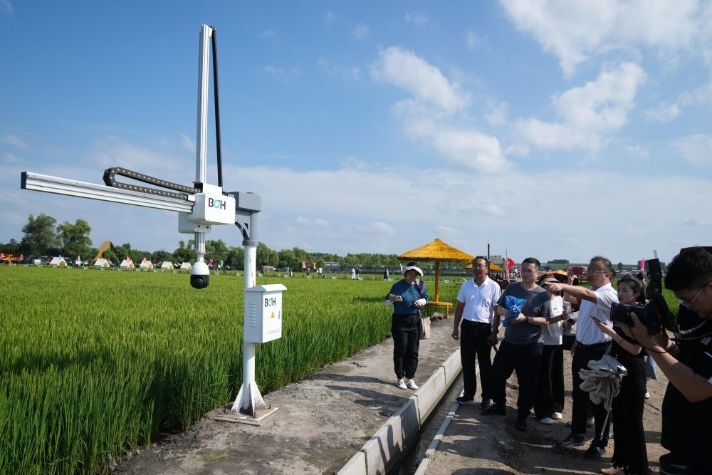 在北大荒集團閆家崗農(nóng)場有限公司農(nóng)業(yè)現(xiàn)代化示范區(qū)，工作人員在介紹利用數(shù)字技術(shù)的葉齡診斷儀（2023年8月10日攝）。新華社記者 王建威 攝