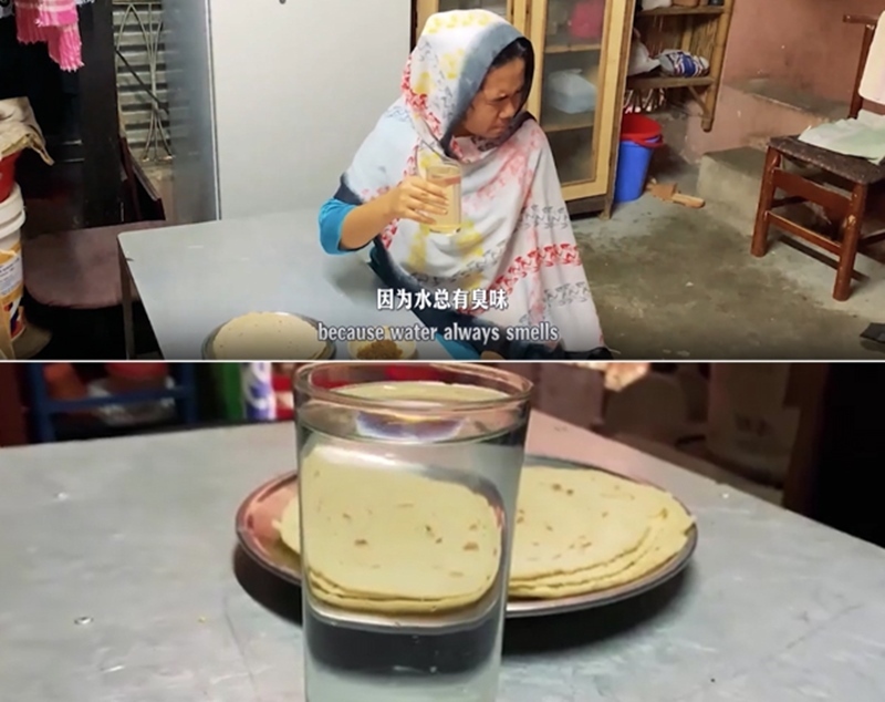 圖為紀(jì)實短片截圖：上圖為水質(zhì)未改善前，飲用水發(fā)黃渾濁；下圖為水廠建成后，飲用水水質(zhì)明顯改善，清澈透明。