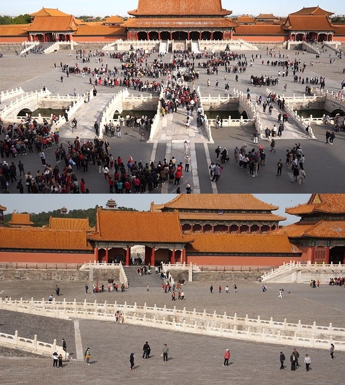 上午9時和下午13時的太和門廣場客流對比。故宮博物院供圖