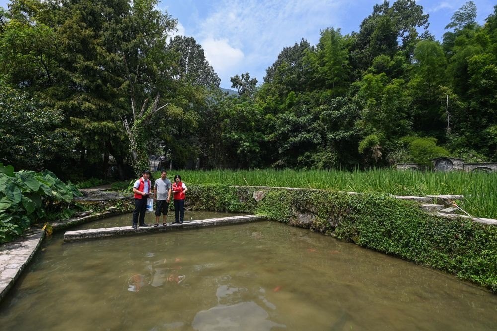 2023年8月17日，浙江省麗水市青田縣方山鄉(xiāng)田魚養(yǎng)殖戶吳勇強（中）在接受青田農(nóng)商銀行“小蜻蜓”服務隊志愿者提供的“惠民易貸”上門服務。近年來，青田縣金融發(fā)展中心聯(lián)合各個金融機構優(yōu)化配套鄉(xiāng)村振興金融服務，推出“惠民易貸”“農(nóng)家樂貸”等金融產(chǎn)品，重點支持涉農(nóng)龍頭企業(yè)及特色種養(yǎng)殖產(chǎn)業(yè)。新華社記者 徐昱 攝