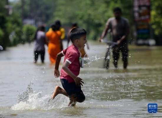 11月24日，一名男孩在斯里蘭卡加姆珀哈涉水出行。新華社發(fā)（阿吉特·佩雷拉攝）