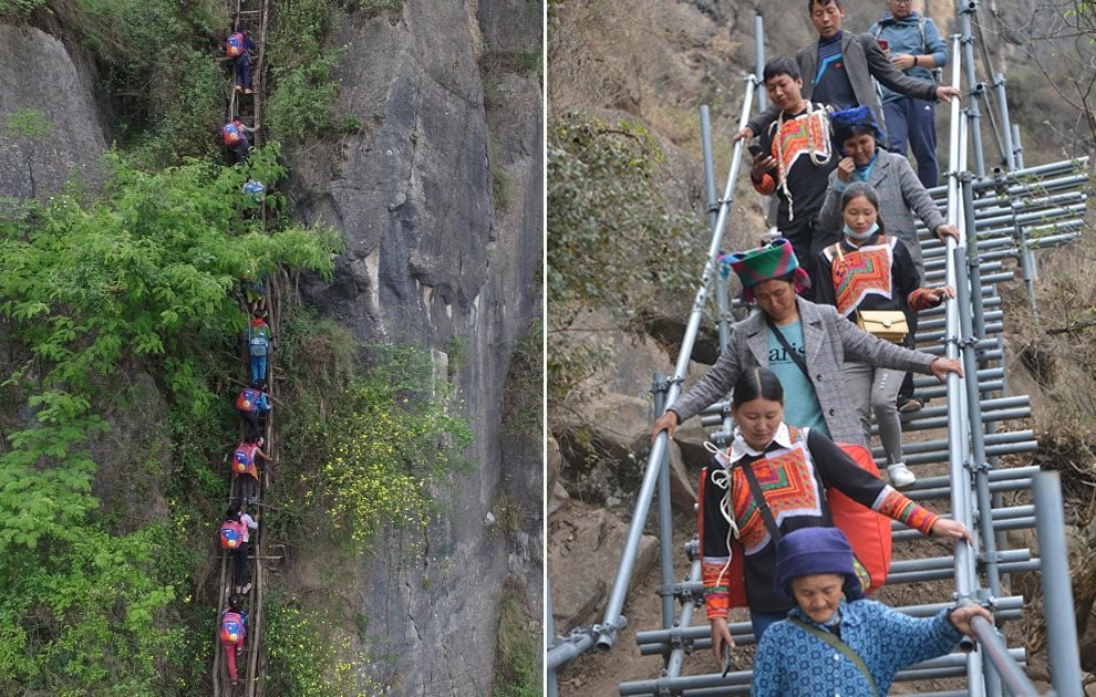 “懸崖村”今昔對比：左圖為2016年5月14日，“懸崖村”的孩子們攀爬木梯回家。右圖為2020年5月13日，“懸崖村”村民帶著行李通過鋼梯下山，搬遷至易地扶貧集中安置點的新家。