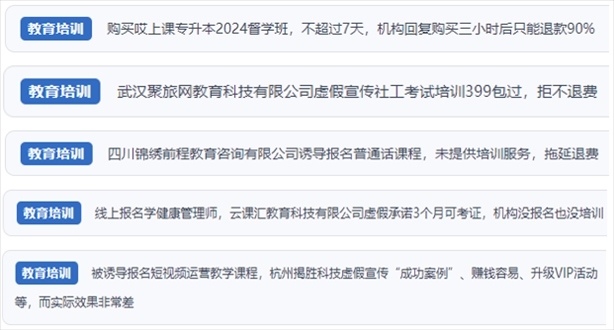 “人民投訴”用戶舉報(bào)機(jī)構(gòu)虛假宣傳包過包拿證、虛假承諾收益效果、課程服務(wù)貨不對板、退款難等在線教培亂象。（“人民投訴”平臺(tái)截圖）