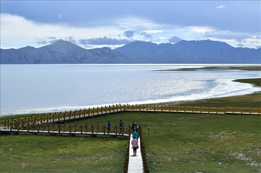 △ 游客行走在青海瑪多縣冬格措納湖畔的木棧道上。