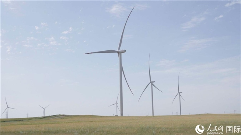 阿克莫拉州風(fēng)電項目群風(fēng)機(jī)。 人民網(wǎng)記者 葛泰佚攝