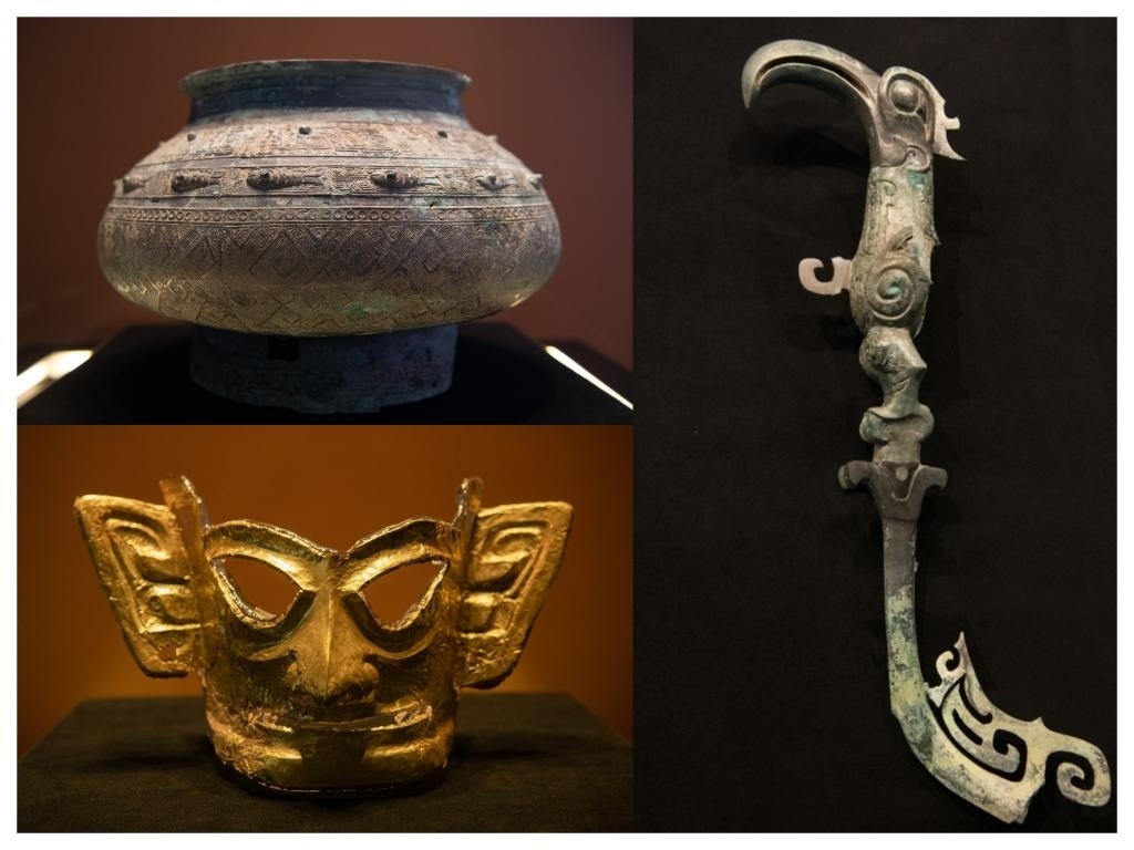 拼版照片：左上圖為青銅瓿，左下圖為黃金面具，右圖為青銅樹枝。新華社記者唐文豪 攝