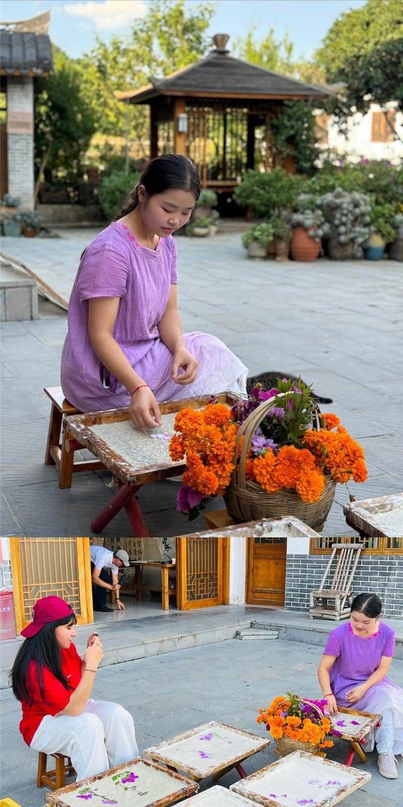 沒有女生不愛花。以古法造紙技藝為基礎(chǔ)，再輔以花草枝葉勾勒各式圖案，創(chuàng)作出花茂村獨(dú)具特色的紙漿壓花畫，少女手中的花是她眼中的風(fēng)景，而她與正在制作的紙漿壓花畫也是別人眼中的風(fēng)景。（哈薩克斯坦BAQ通訊社高級(jí)記者古爾詹·拉曼庫洛娃、張亞欣攝）