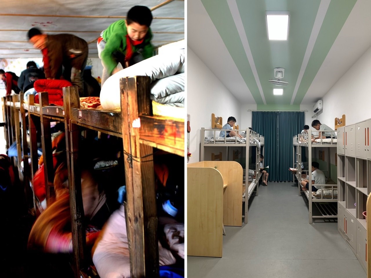 縉云縣東渡鎮(zhèn)長坑小學(xué)2005年以前的學(xué)生宿舍（左），以及現(xiàn)在的學(xué)生宿舍（右） 學(xué)校供圖