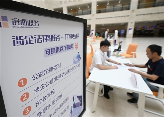 在天津?yàn)I海新區(qū)政務(wù)服務(wù)中心，工作人員在“涉企法律服務(wù)一件事”專區(qū)為市民提供服務(wù)（2024年7月31日攝）。新華社記者 趙子碩 攝