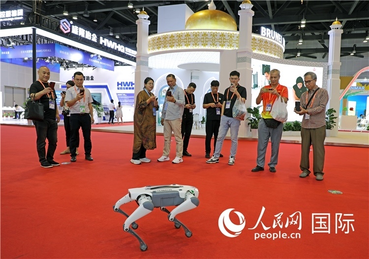 東博會(huì)上，觀眾正在參觀一只機(jī)器狗。綠色能源、新能源汽車、綠色農(nóng)產(chǎn)品等成為本屆東博會(huì)觀眾關(guān)注的焦點(diǎn)。人民網(wǎng)記者 趙益普攝