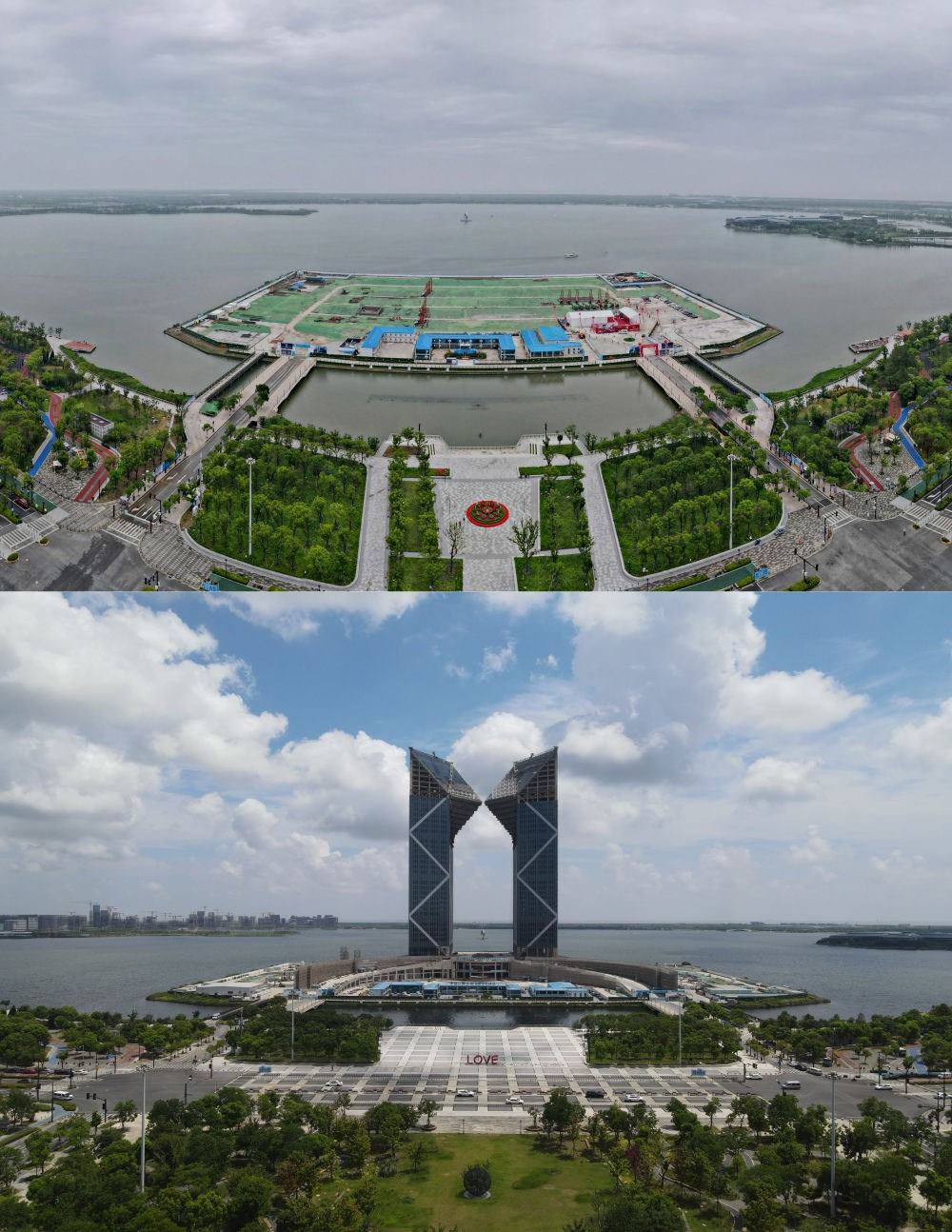 拼版照片：空中俯瞰中國（上海）自由貿(mào)易試驗區(qū)臨港新片區(qū)滴水湖西島中銀金融中心項目現(xiàn)場（上圖為2021年6月20日攝，無人機照片；下圖為2024年8月14日攝，無人機照片）。2019年8月20日，臨港新片區(qū)揭牌成立，一個開放新高地在長江與東海交匯處日益崛起。