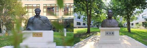 △左圖為中央黨校（國家行政學院）校園內的焦裕祿雕塑，右圖為校園內的谷文昌雕塑。
