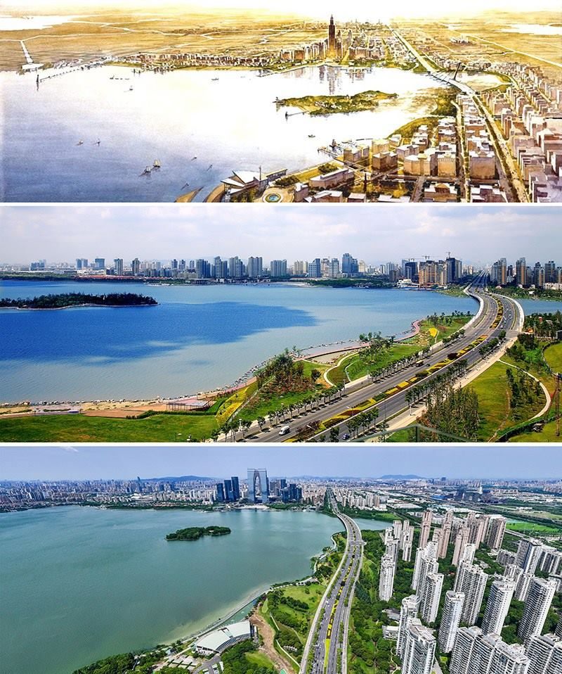 拼版照片：上圖為1994年繪制的蘇州工業(yè)園區(qū)手繪規(guī)劃圖；中圖為2007年拍攝的蘇州工業(yè)園區(qū)；下圖為2023年7月4日用無人機拍攝的蘇州工業(yè)園區(qū)。
