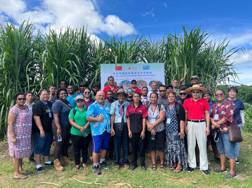 2024年2月28日，來(lái)自巴布亞新幾內(nèi)亞、湯加、庫(kù)克群島、薩摩亞、瑙魯?shù)葒?guó)家的“太平洋島國(guó)菌草技術(shù)培訓(xùn)班”學(xué)員在斐濟(jì)布拉阿格魯菌草技術(shù)示范基地合影。新華社發(fā)（中國(guó)援斐濟(jì)菌草技術(shù)示范中心供圖）