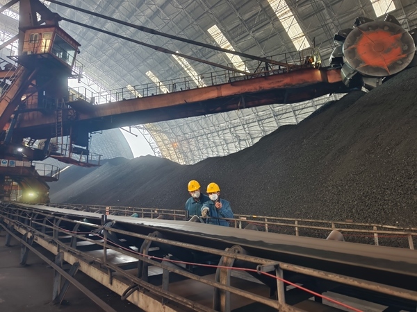 趙善國（右）和同事對電廠煤場進(jìn)行巡檢。受訪者供圖