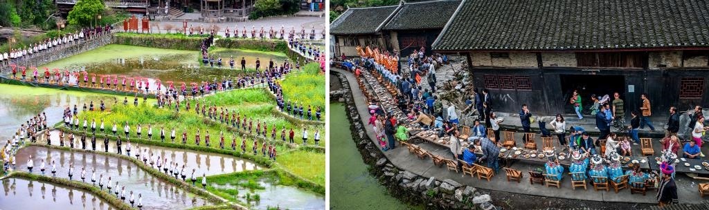 左圖：近期，人們在黎平縣肇興侗寨的田園里演唱侗族大歌（黎平縣委宣傳部供圖）；右圖：這是2023年拍攝的十八洞村長桌宴（湘西州委宣傳部供圖）。