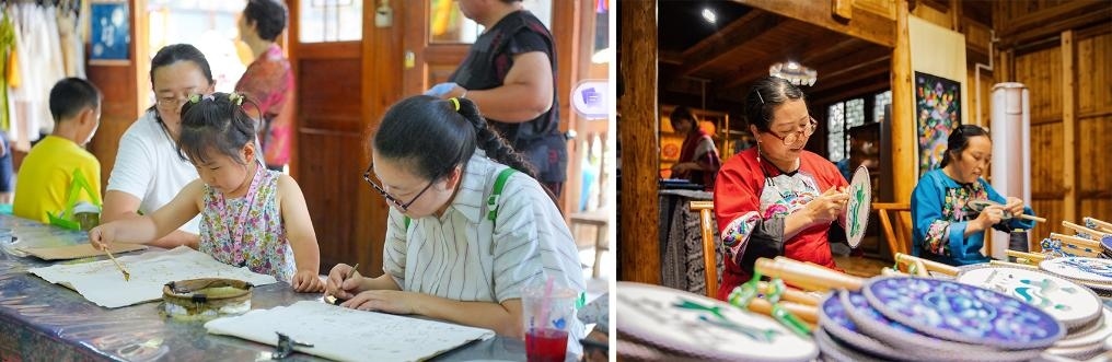 左圖：近期，游客在黎平縣肇興侗寨體驗(yàn)非遺蠟染藝術(shù)（黎平縣委宣傳部供圖）；右圖：這是2024年拍攝的繡娘在十八洞村梨子寨苗繡鄉(xiāng)村振興示范基地制作苗繡產(chǎn)品（湘西州委宣傳部供圖）。