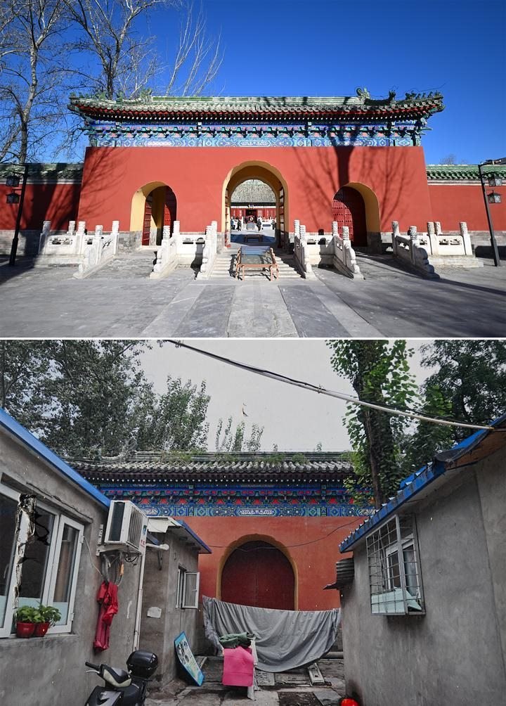 位于先農(nóng)壇內(nèi)的慶成宮，曾長時間被雜亂的民居占據(jù)。在北京中軸線申遺保護工作的帶動下，北京完成了慶成宮區(qū)域文物征收騰退、非文物建筑拆除、彩畫保護、本體修繕、展覽布陳等，讓560多年歷史的古建群重新回歸。2024年12月，北京中軸線上先農(nóng)壇內(nèi)的慶成宮首次面向社會公眾開放。上圖為騰退修繕后的慶成宮內(nèi)宮門（資料照片）；下圖為翻拍的慶成宮內(nèi)宮門騰退修繕前的資料照片（2024年12月21日攝）。